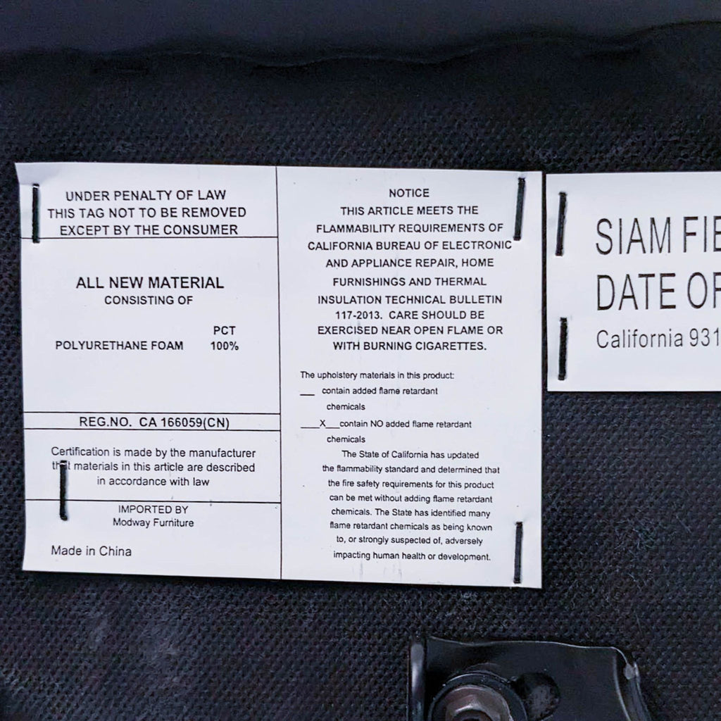 Close-up of the tag on the Finesse Chair by Modway, displaying material and safety information.