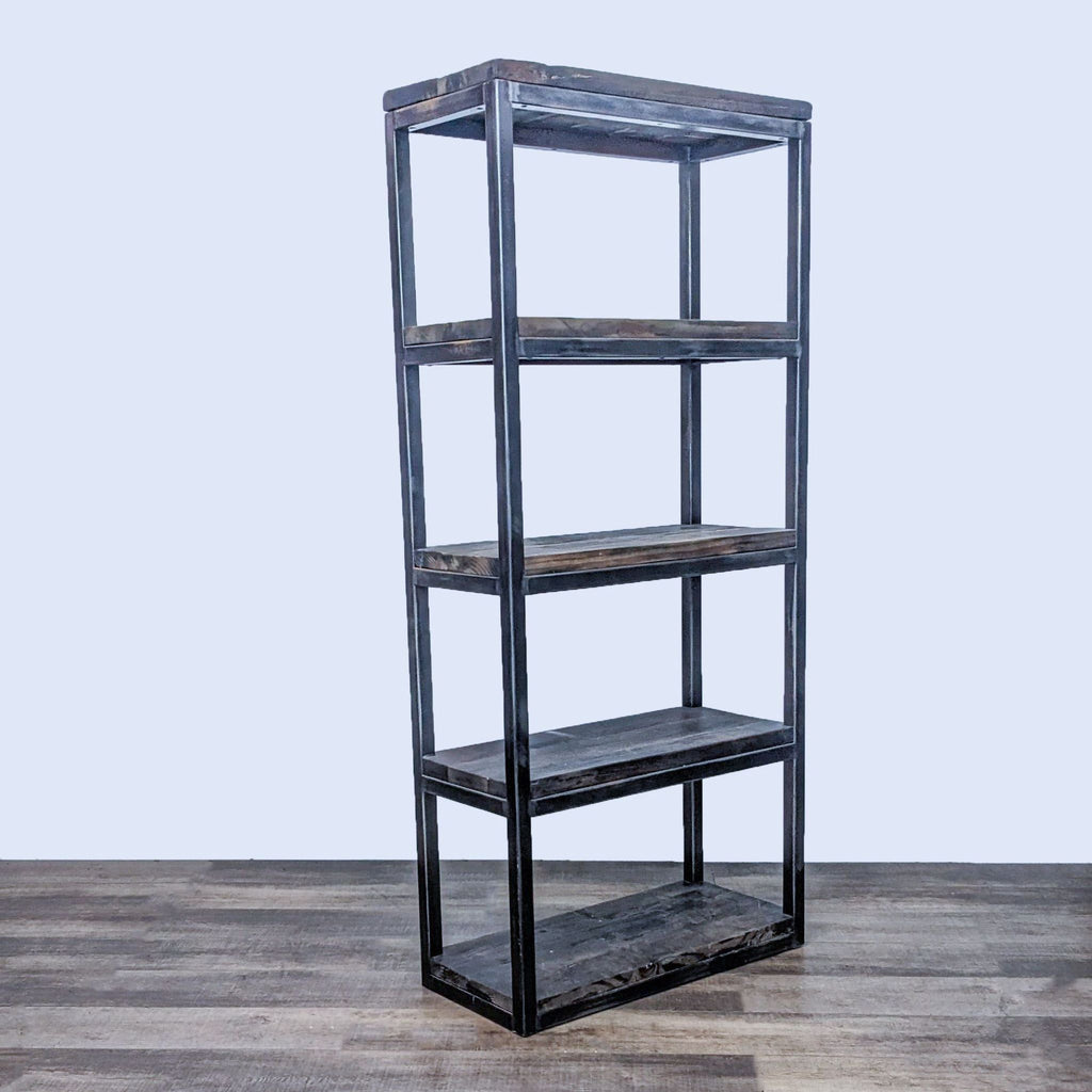 Tall metal and wood bookshelf with five shelves, sturdy design.