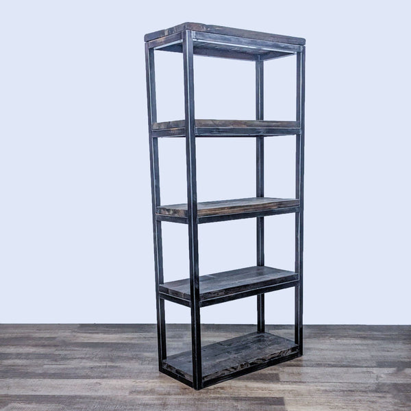 Tall metal and wood bookshelf with five shelves, sturdy design.