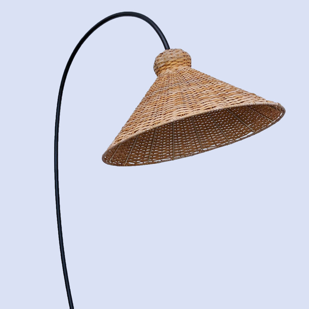 Modern floor lamp featuring a rattan shade, designed by Athena Calderone.
