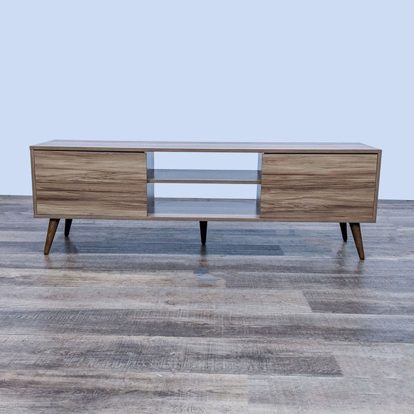 Reperch entertainment center with wood finish and sleek design.