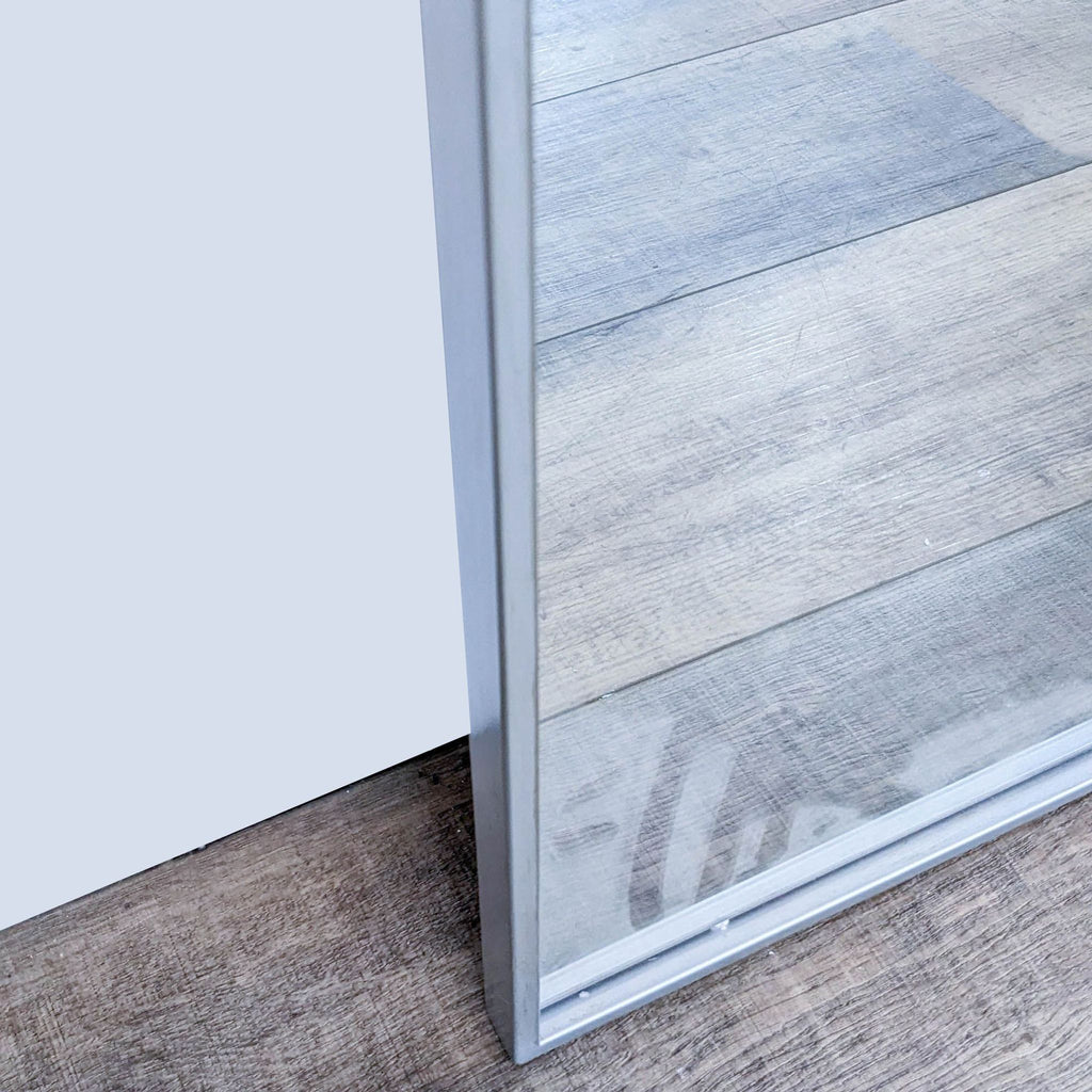Slim-framed mirror by West Elm standing on a wood floor.