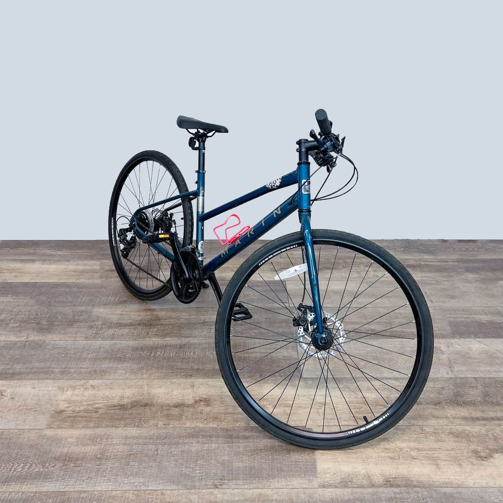Angled view of a Marin bicycle highlighting frame design and wheel details.