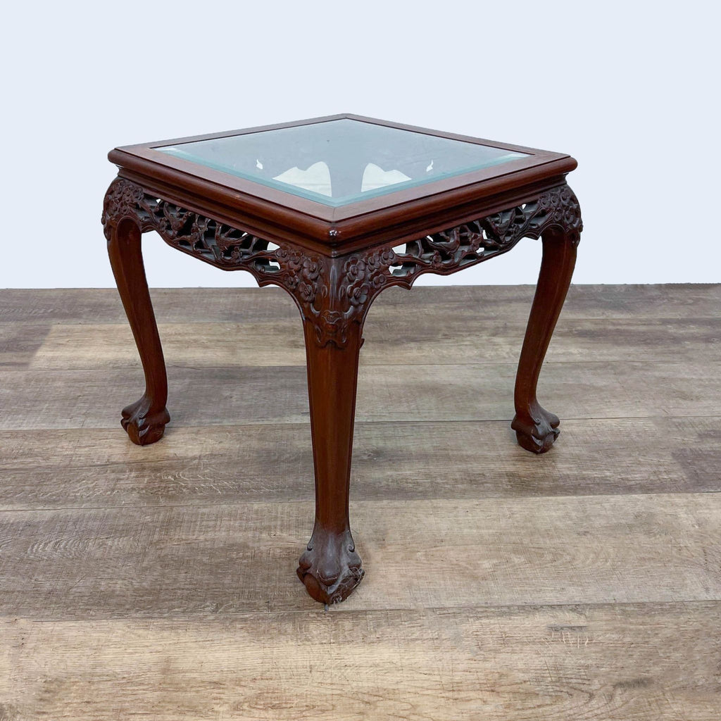 Glass Top Carved End Table