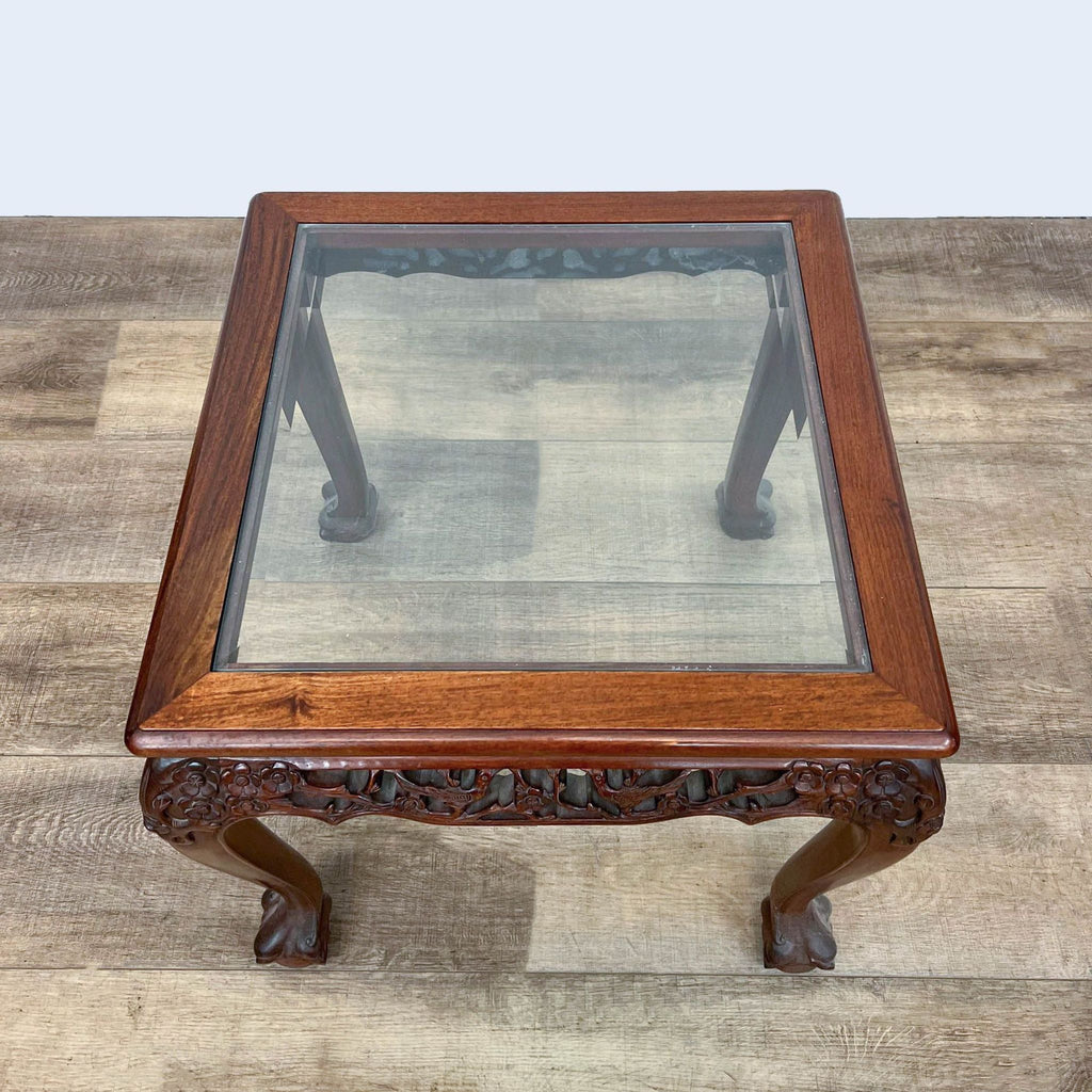 Glass Top Carved End Table