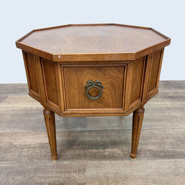 Reperch octagonal wooden end table with drawer, featuring detailed legs and ornate handle.