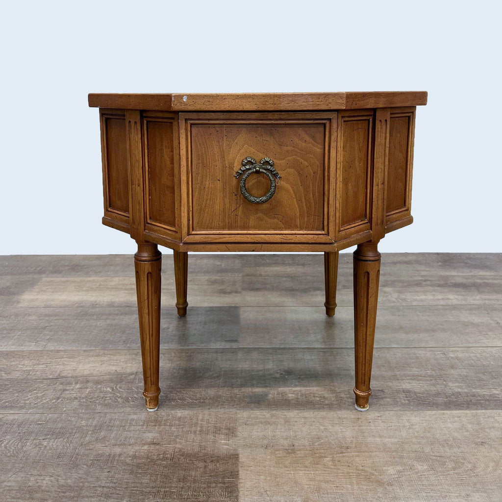 Reperch brand end table, octagonal with single drawer, ornate metal handle, slender legs.