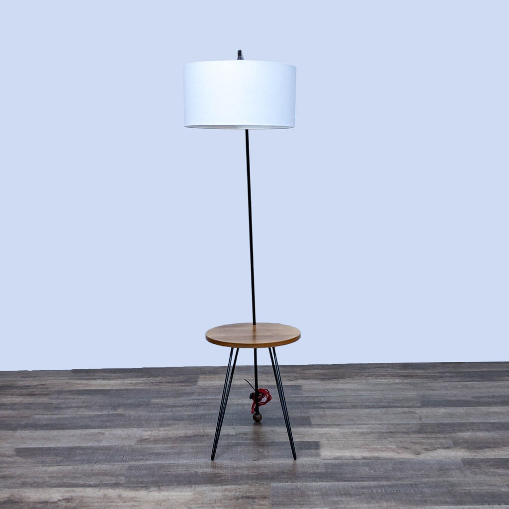 3. Front view of Reperch standing lamp with side table and white shade, sleek black legs, in Lighting.