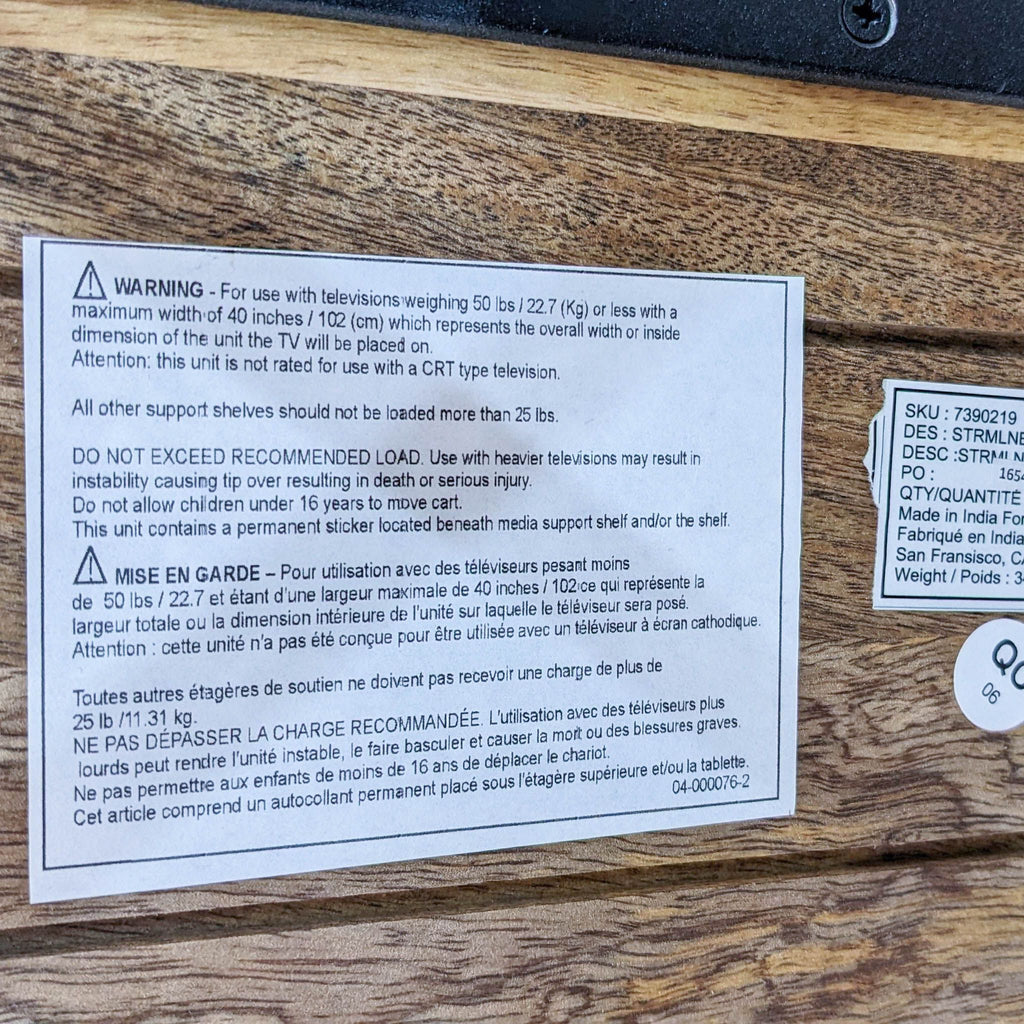 Close-up of safety and weight limit instructions on bookshelf.