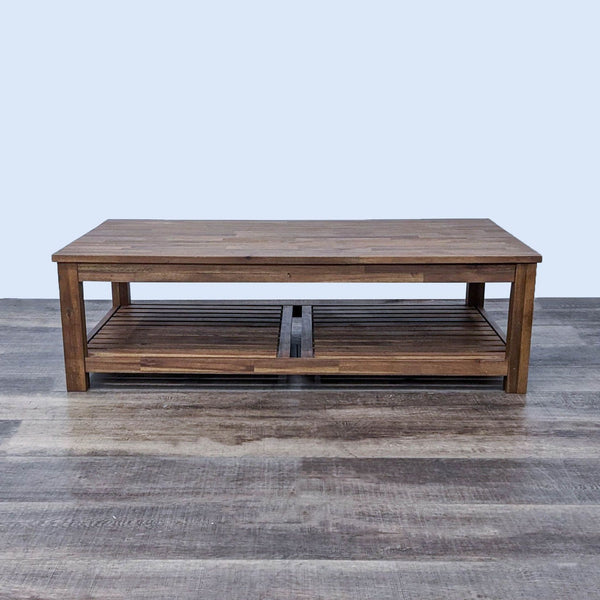 Acacia wood coffee table with a slatted lower shelf by New Pacific Direct.