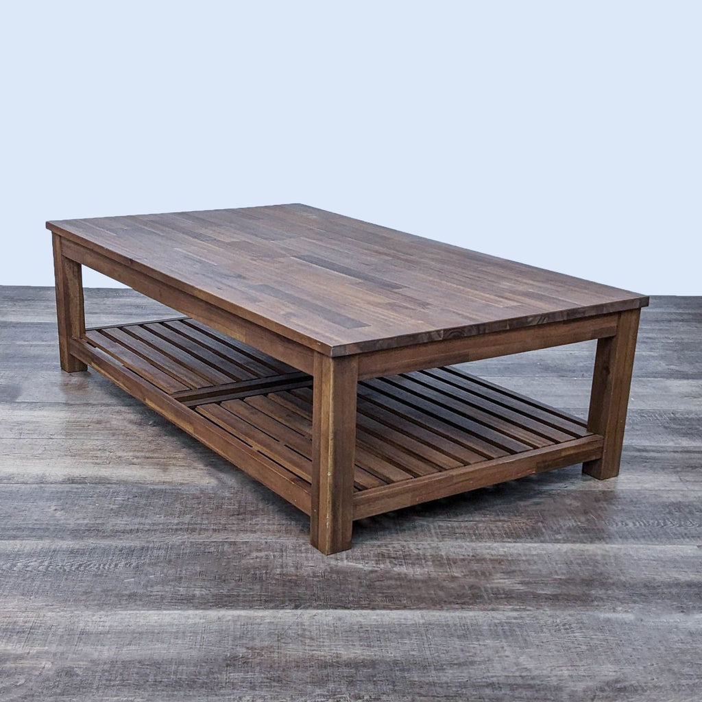 Rectangular acacia wood coffee table, featuring a sturdy lower shelf by New Pacific Direct.