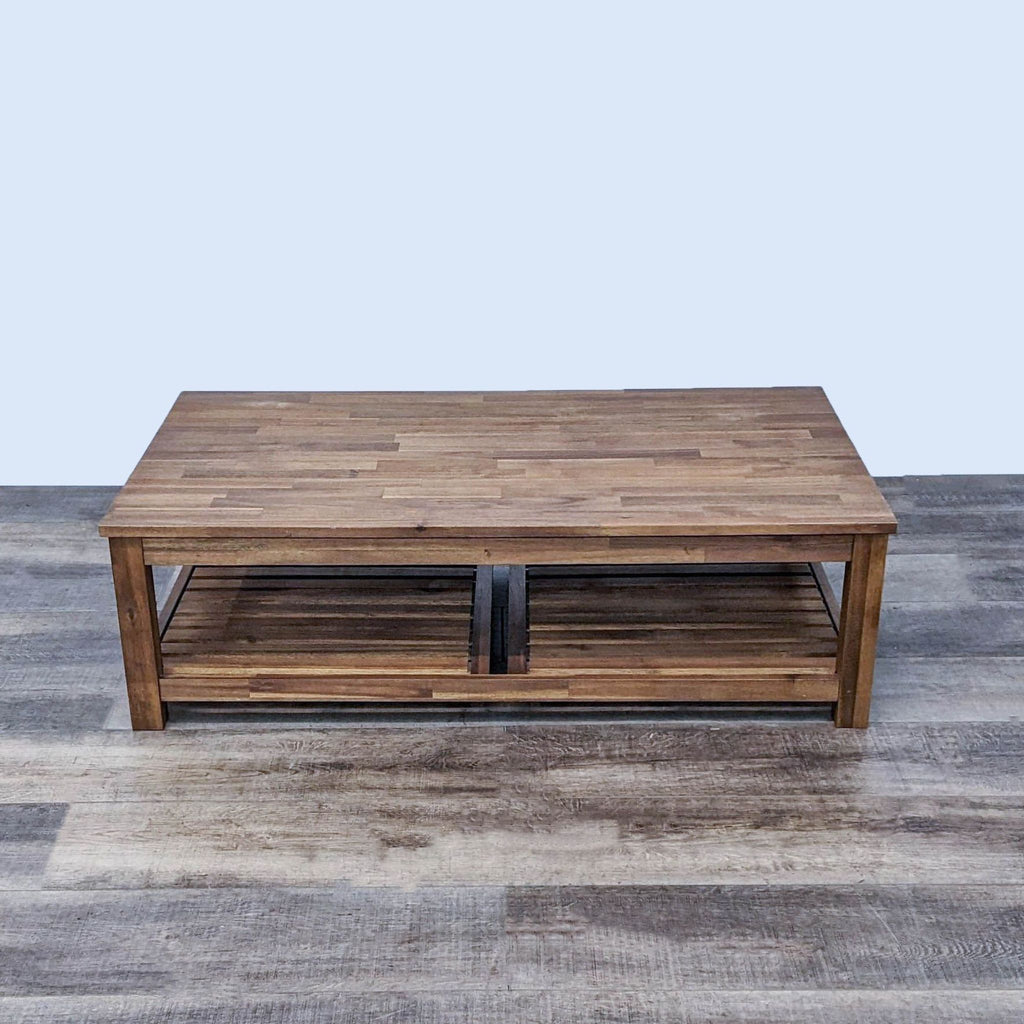 Sleek acacia wood coffee table with a modern design, includes a spacious lower shelf.