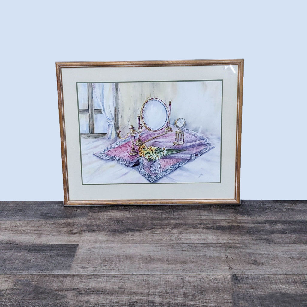 A framed painting of a decorative mirror, flowers, and a clock on a cloth.