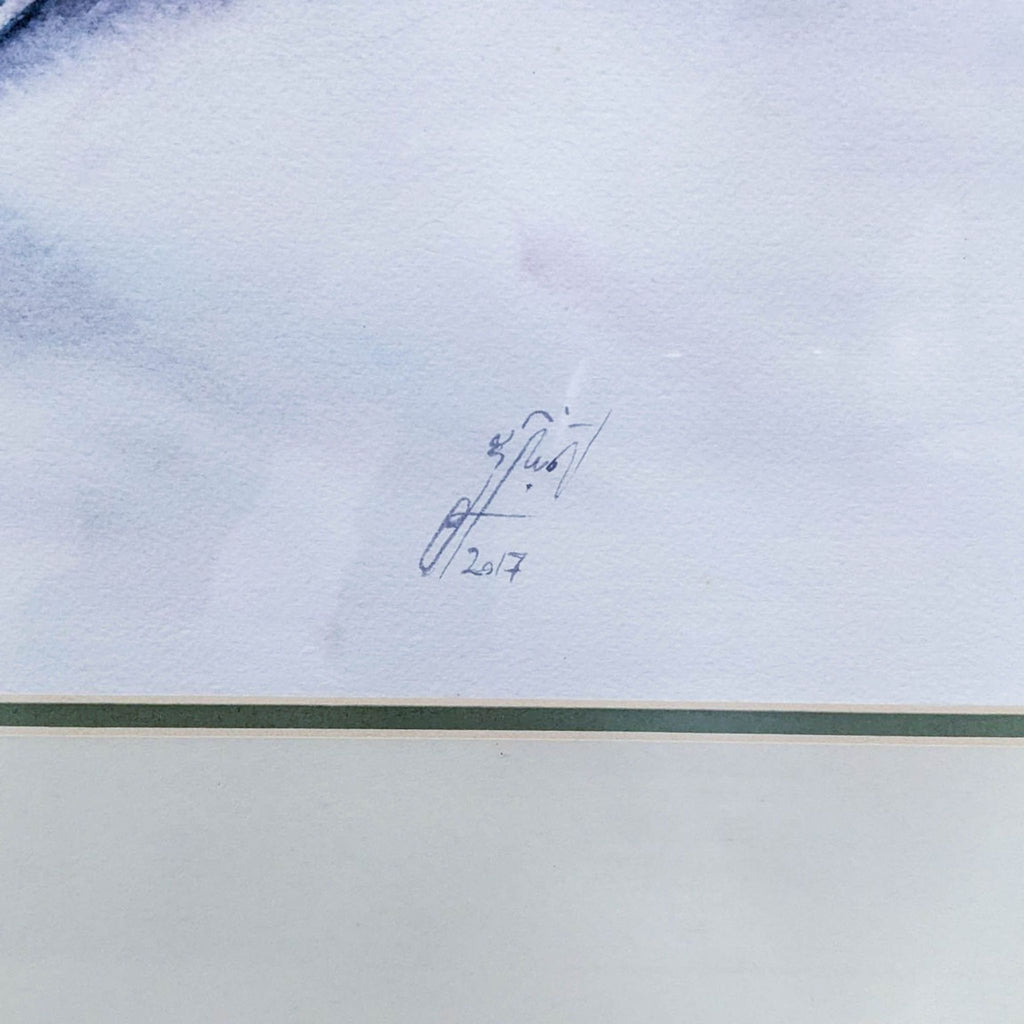 Close-up of a signature on a painting reading "2017", indicating artist's mark.