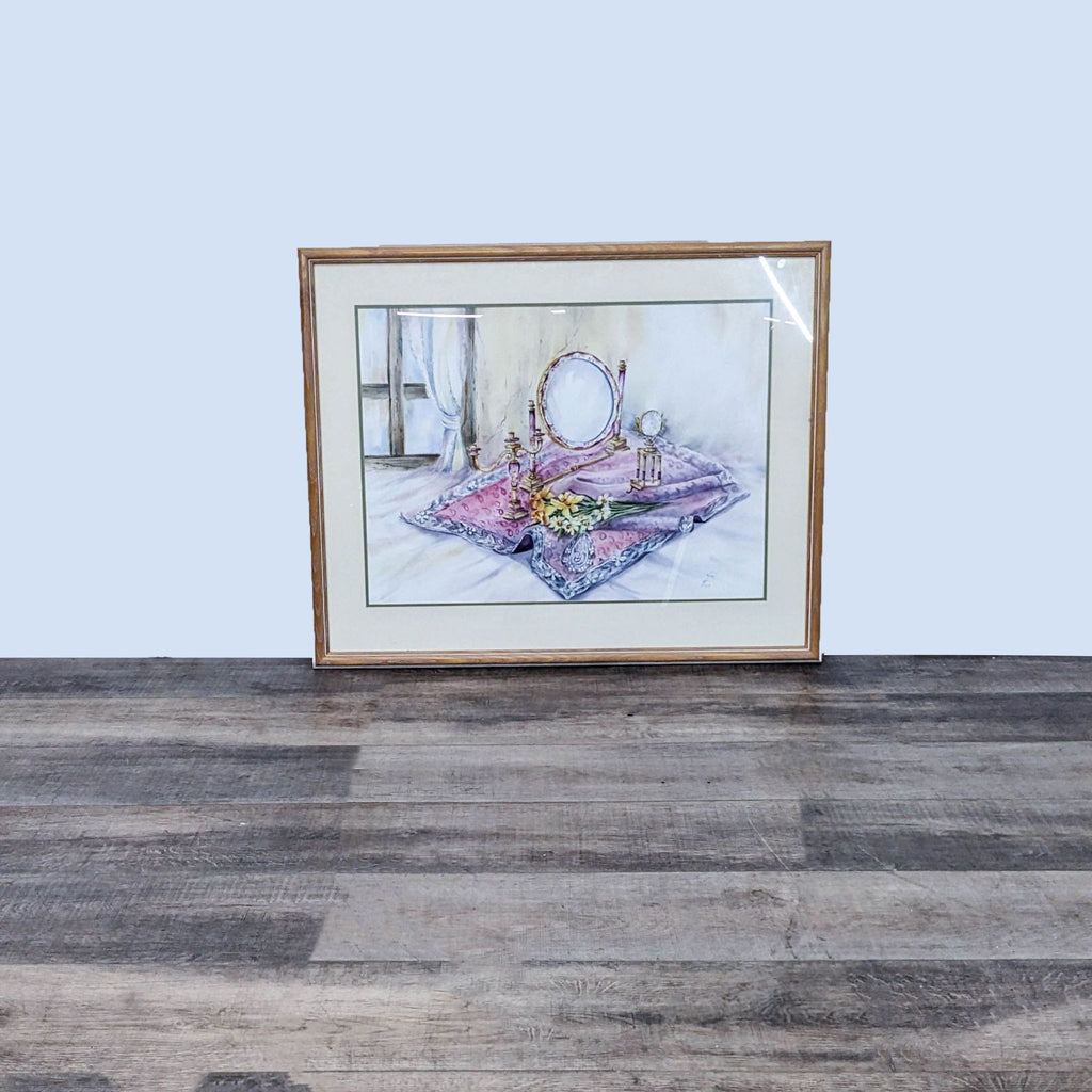 Art featuring a mirror and flowers, signed in 2017 by the artist.