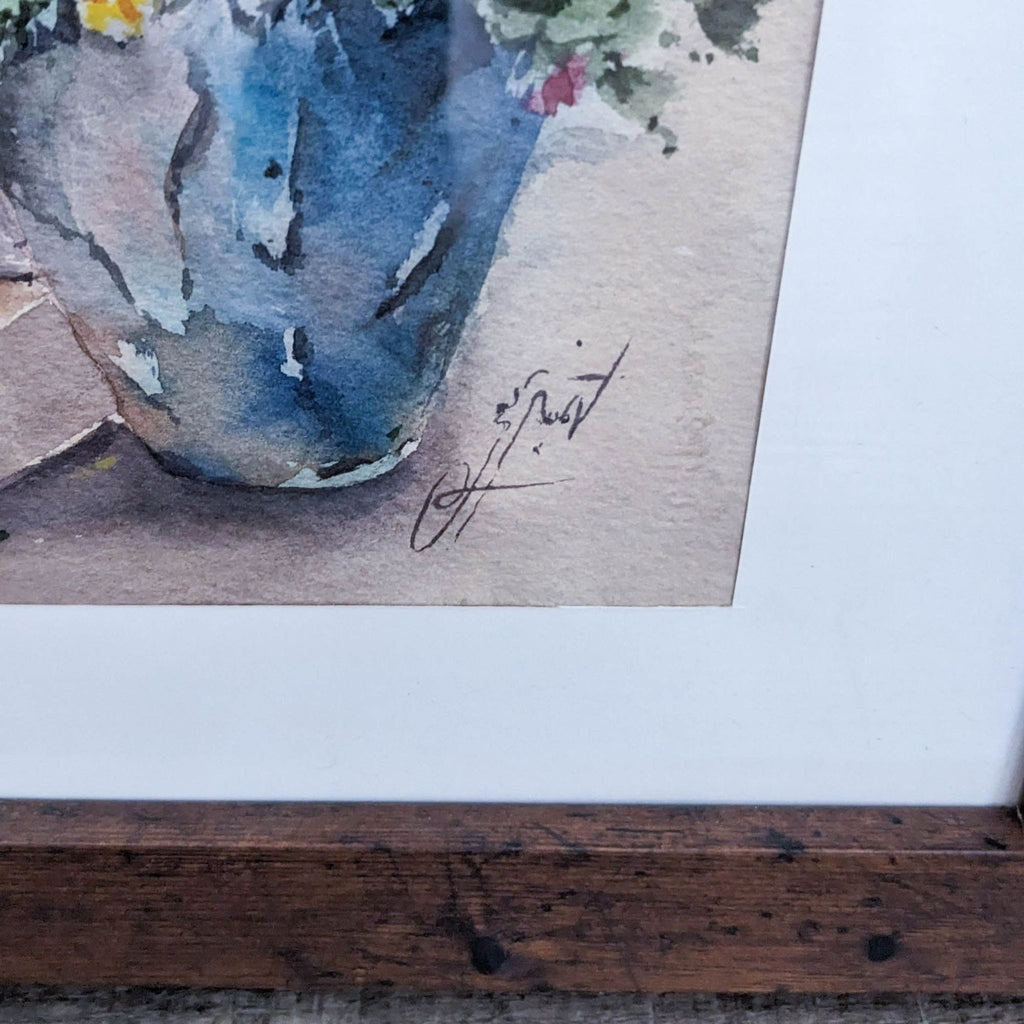 Close-up of a blue vase detail in the French country watercolor art.  