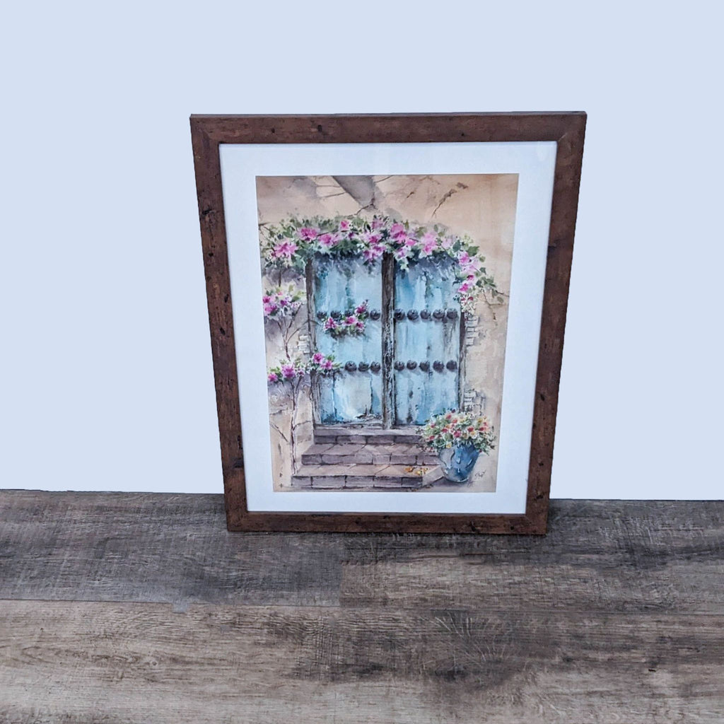 Framed French country watercolor art with a walnut finish by Reperch.  