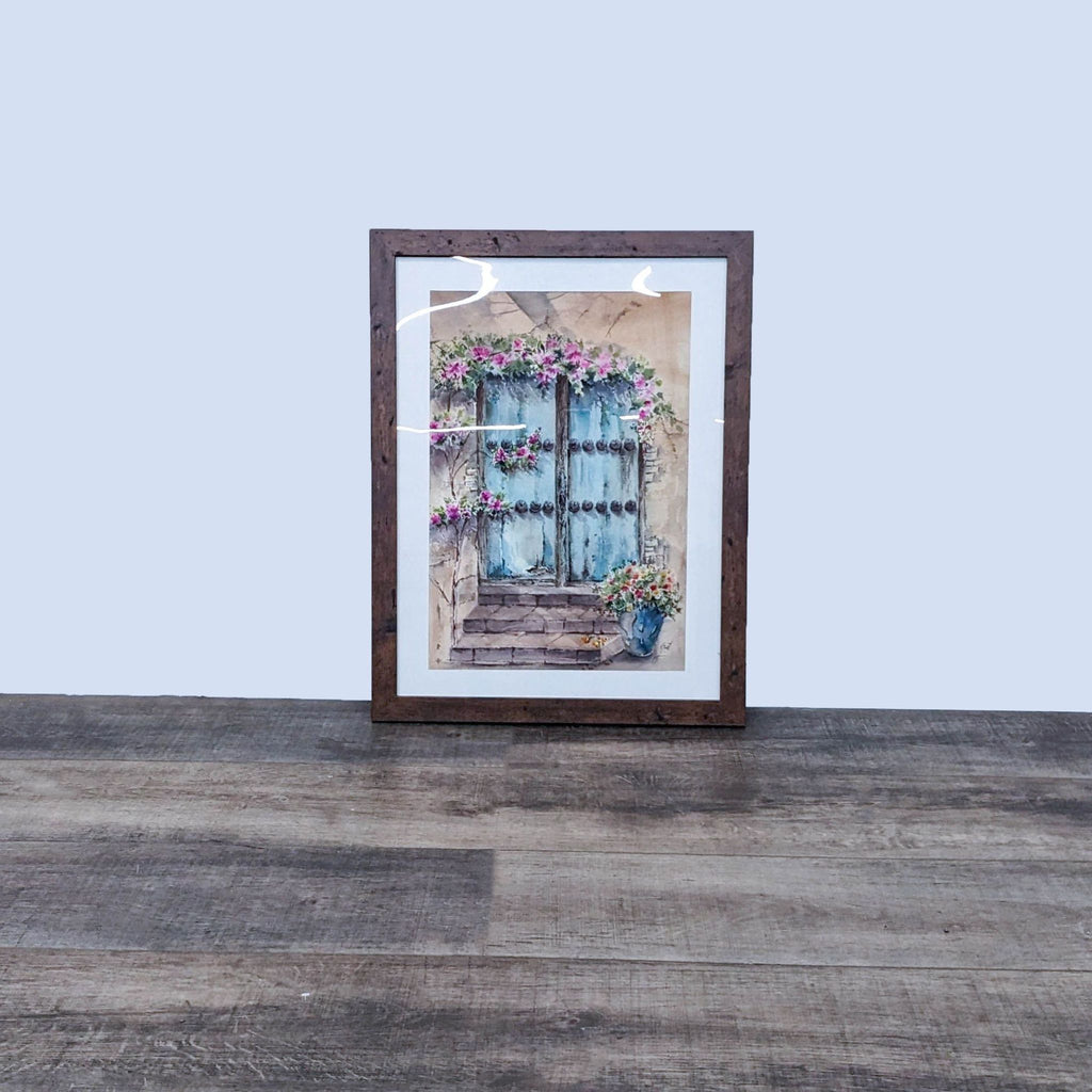 French country watercolor art print in walnut frame, showcasing floral decor.