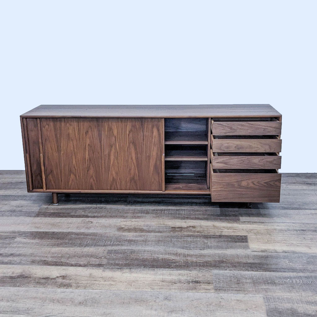 Walnut sideboard with open drawers, shelves, and sliding door for versatile storage.
