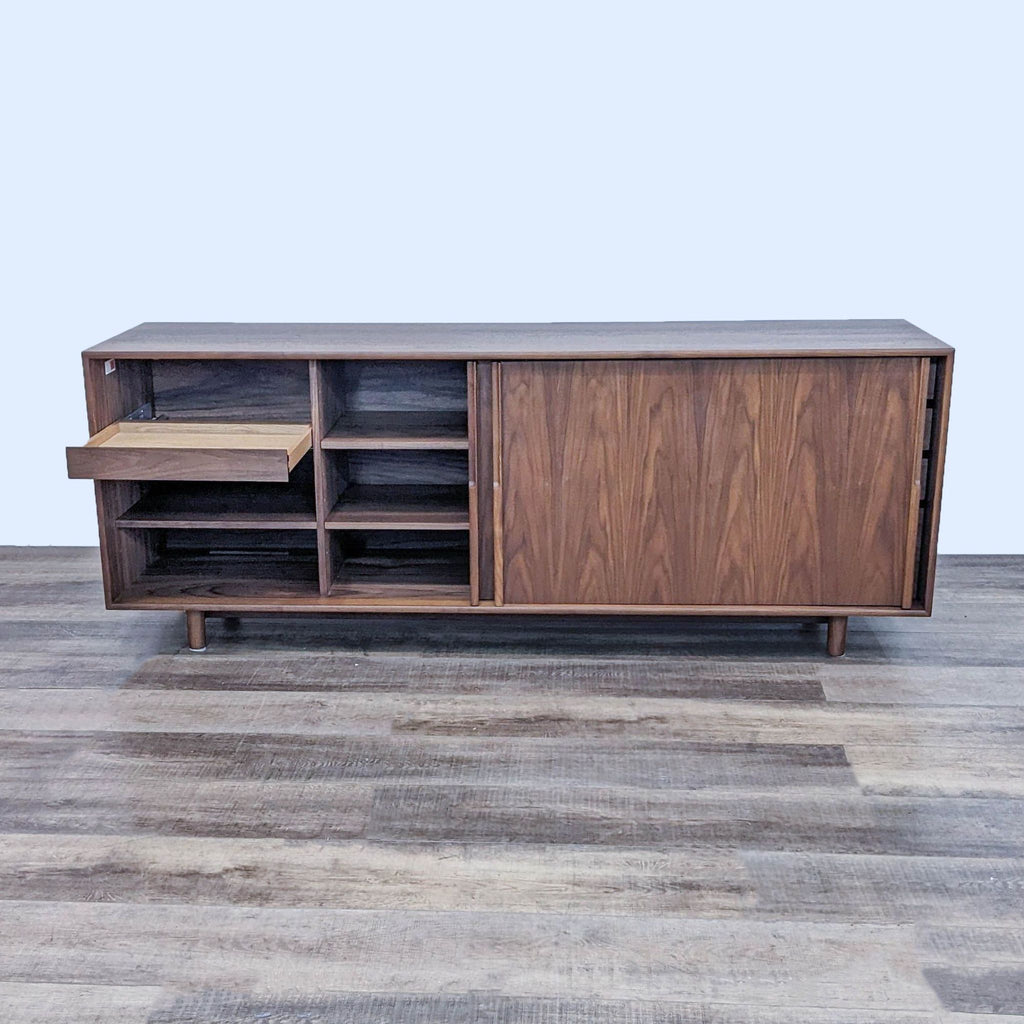 Elegant walnut sideboard with various storage compartments and open shelves.