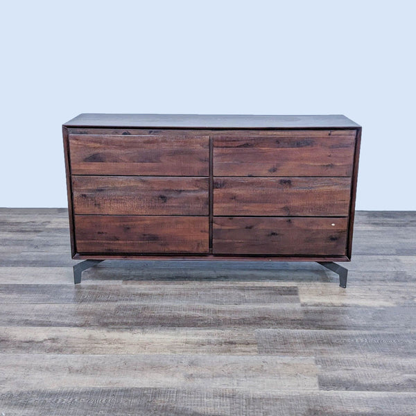 Dresser with six drawers in chestnut finish, metal base.