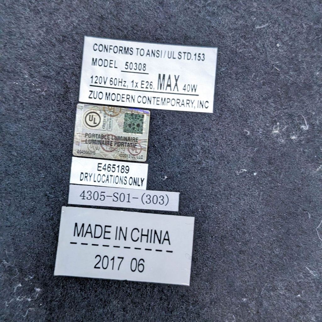 Label details of Zuo Modern lamp, model 50308, Made in China.