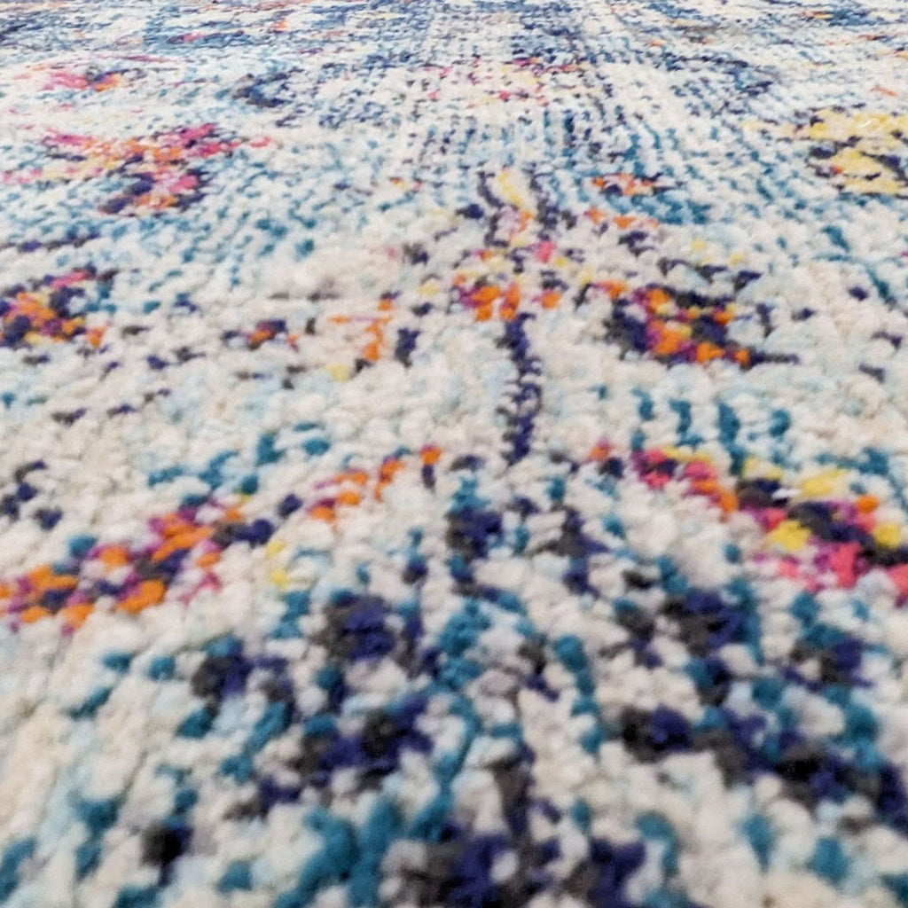 Detailed texture of a woven rug with colorful patterns.