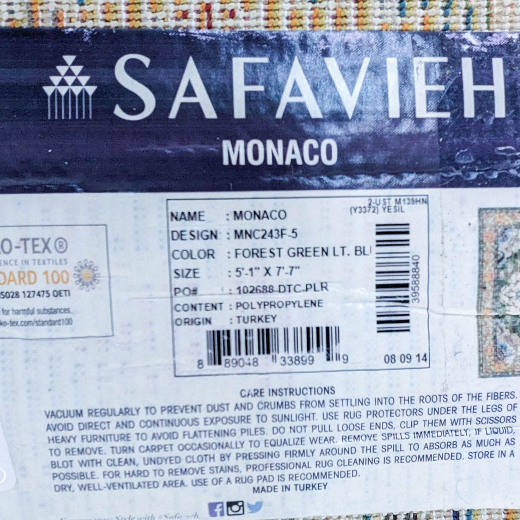 Safavieh Monaco rug label showing product details and origin.