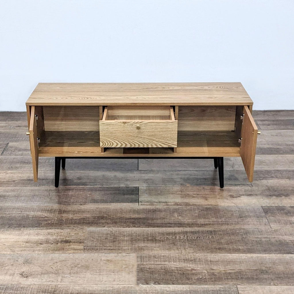 Open view of the Reperch Entertainment Center showing spacious storage options.