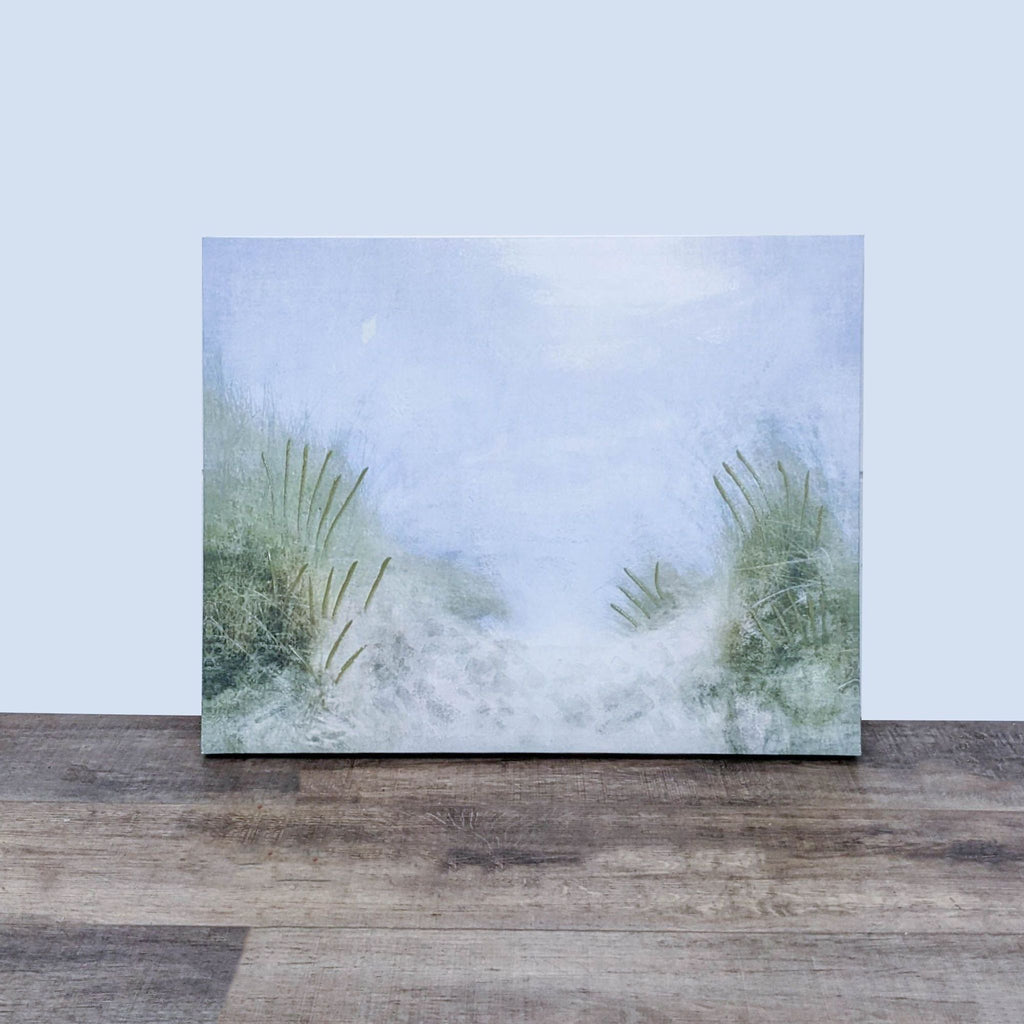 1. Reperch giclee canvas print featuring plants and a soft blue background on a wooden floor.  