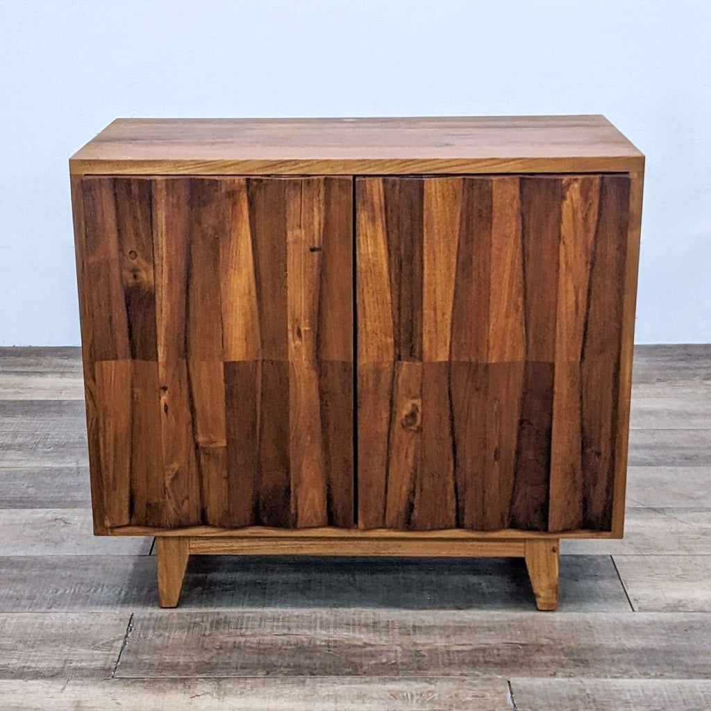 Front view of a wooden bar cabinet with a sleek, modern design and a rich teak finish.