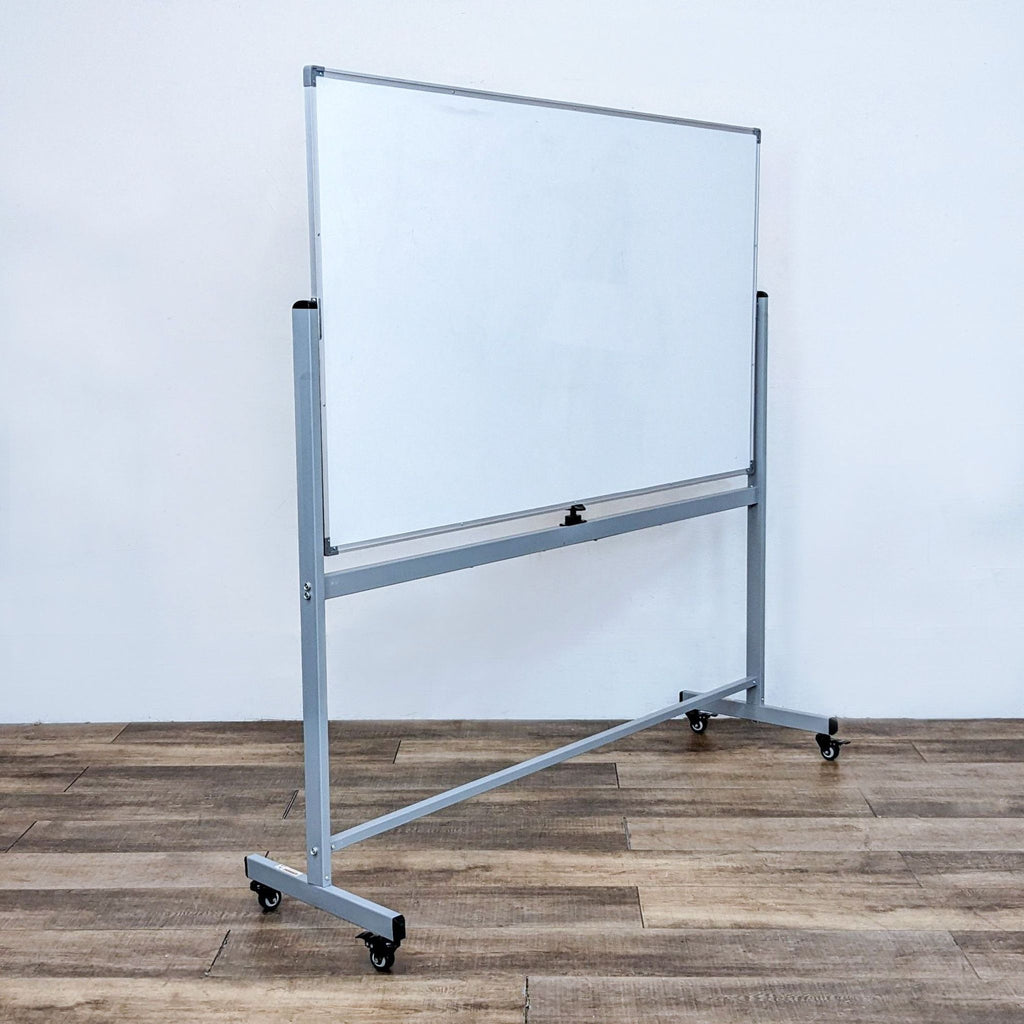 Side view of a mobile whiteboard with a sleek gray frame.