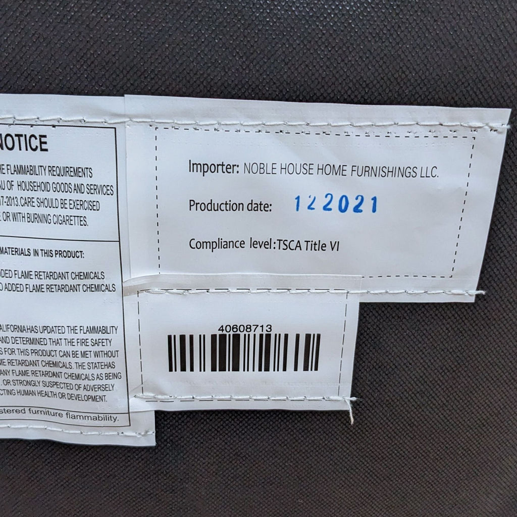 Label on Noble House chair showing importer details, production date, and compliance information.
