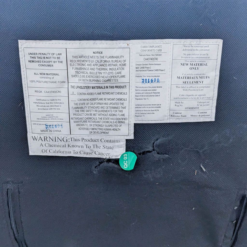 Product label detailing materials and safety warnings for a Reperch lounge chair.