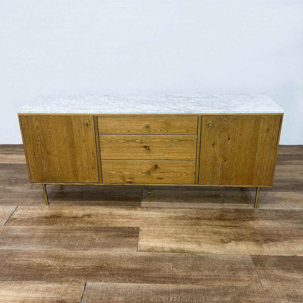 Dry oak entertainment center with marble top and brass legs by Four Hands.
