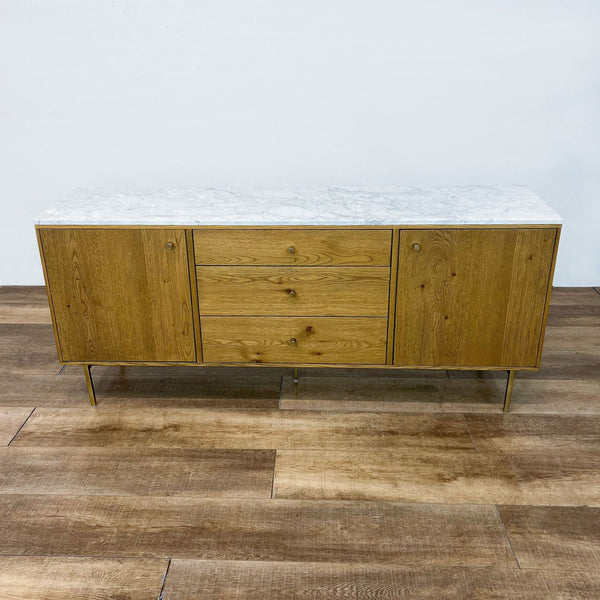 Dry oak entertainment center with marble top and brass legs by Four Hands.