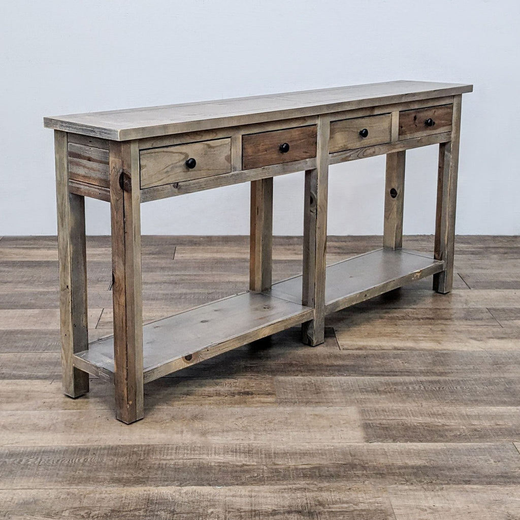 a rustic console table with two drawers and a shelf.