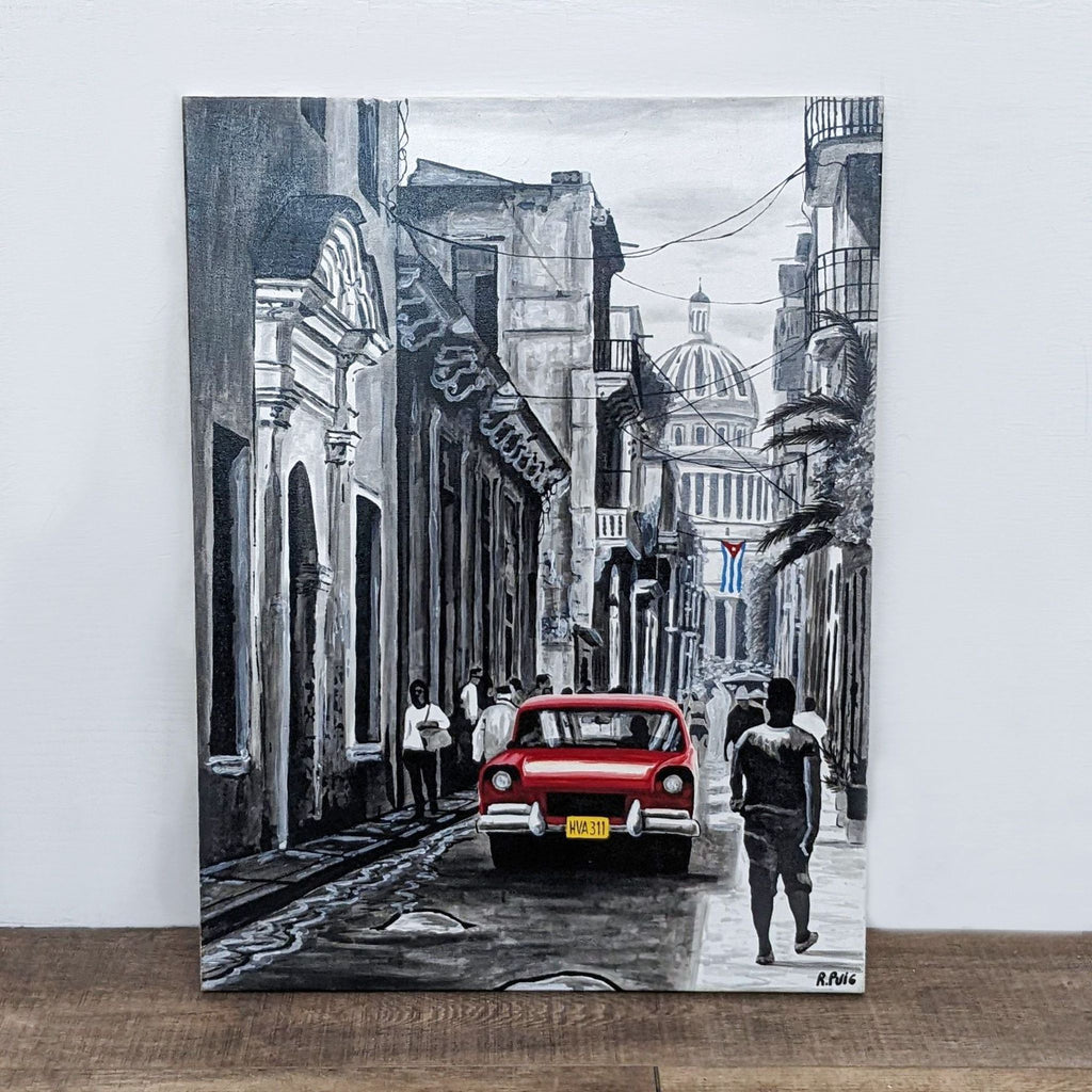 1. Black and white Havana street scene painting with a red car and Cuban flag, by Roberto Puig for Reperch.