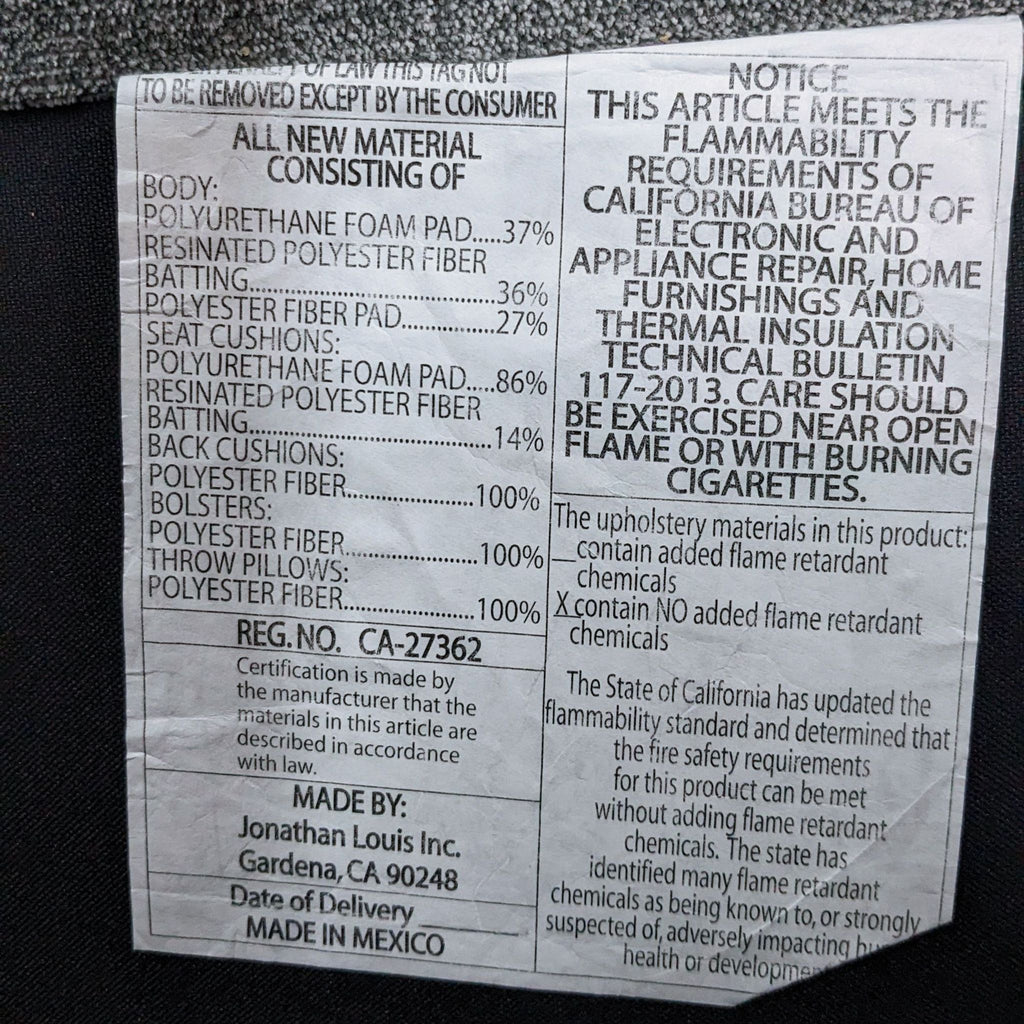 Detailed upholstery label listing materials and safety info.