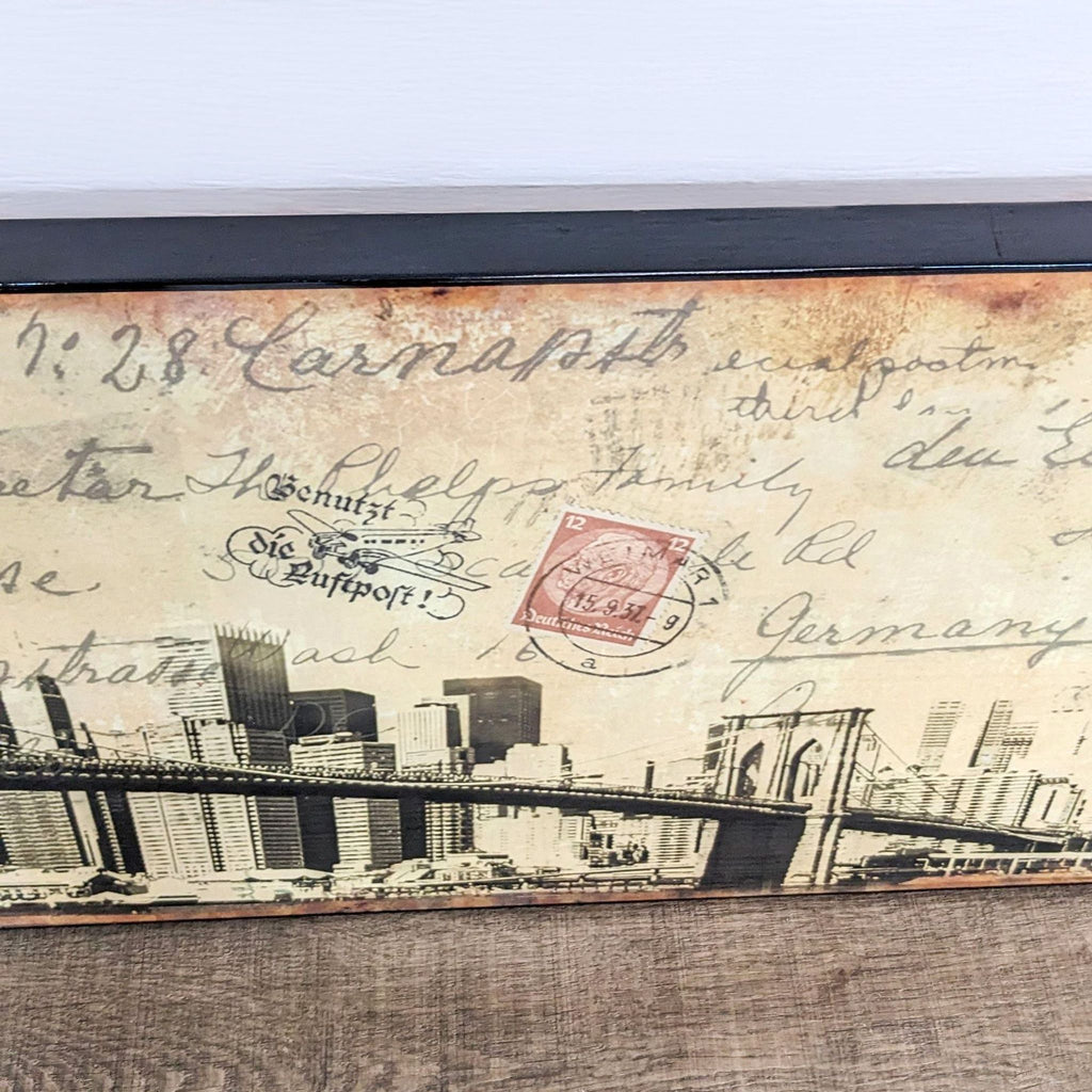 3. Artistic depiction of Brooklyn Bridge in postcard style, on wood veneer, with visible postmark details.