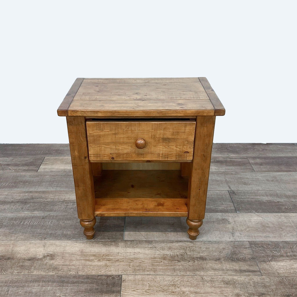 Rustic pine end table with a drawer and shelf, Pottery Barn design.  