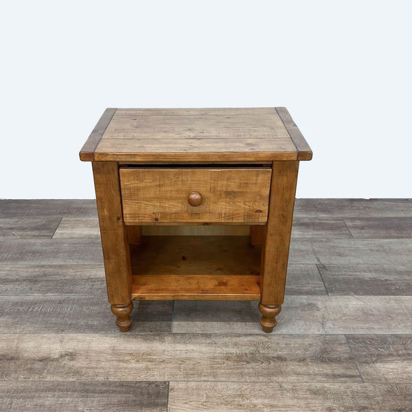 Rustic pine end table with a drawer and shelf, Pottery Barn design.  