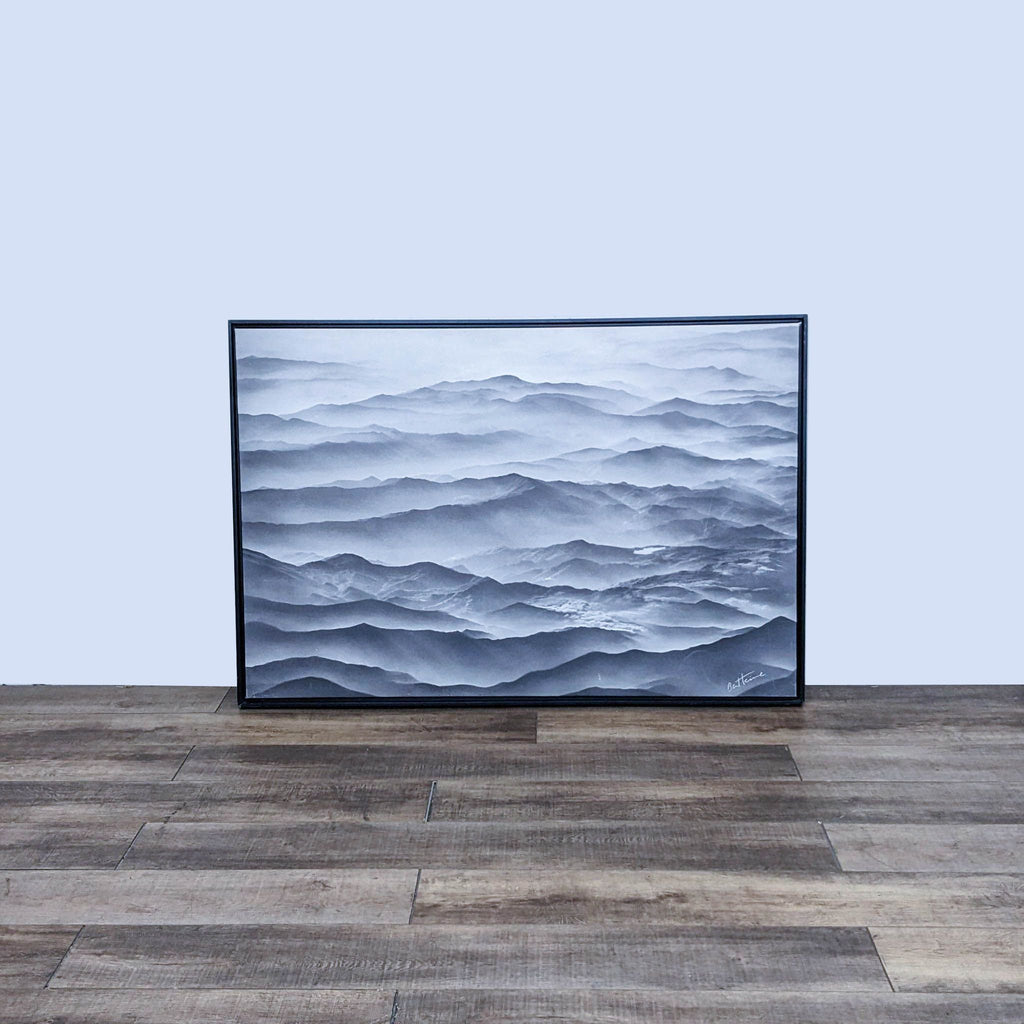 "Ocean Mountains" print, showing misty peaks and valleys, resembling ocean waves. Black and white art.