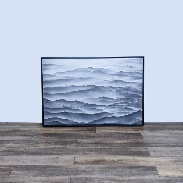 "Ocean Mountains" print, showing misty peaks and valleys, resembling ocean waves. Black and white art.