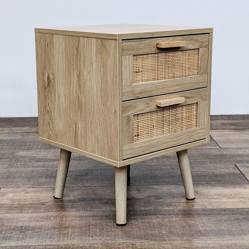 Wooden end table with rattan detail, by Reperch, front view.