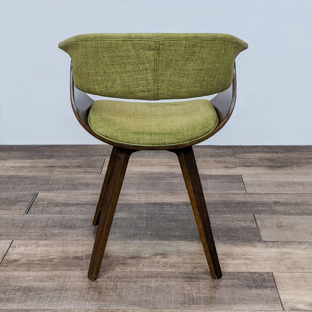 Rear view of Lumisource Vintage Mod chair featuring green upholstery and slim walnut legs.