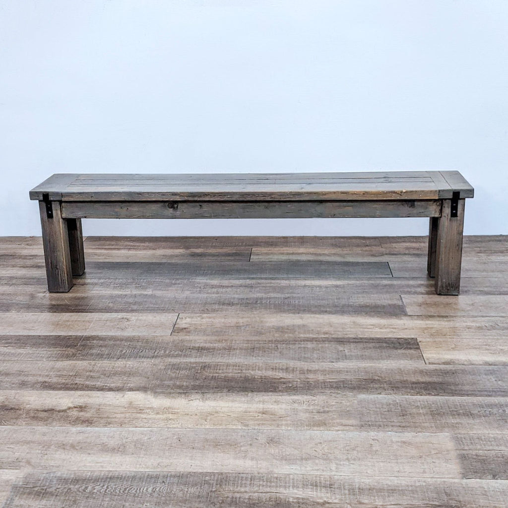2. Rustic solid wood bench by National Rustic Handcrafted Furniture, featuring sturdy black metal detailing.