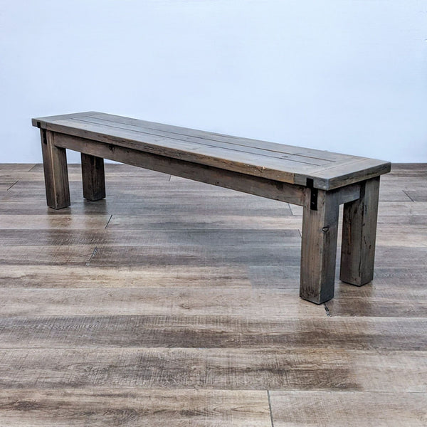 1. Large handcrafted 70-inch solid wood bench with black metal accents, placed on a wooden floor.