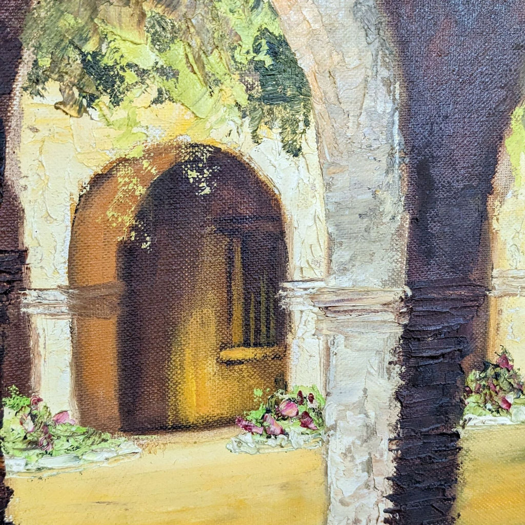 2. Close-up of the courtyard painting showing textured stone arches, yellow light, and pink flowers, emphasizing detail.
