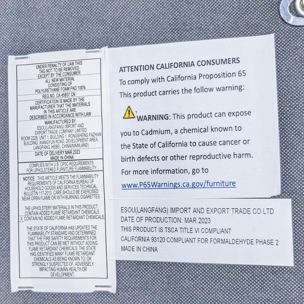 Product labels displaying California Proposition 65 warning and manufacturing details.